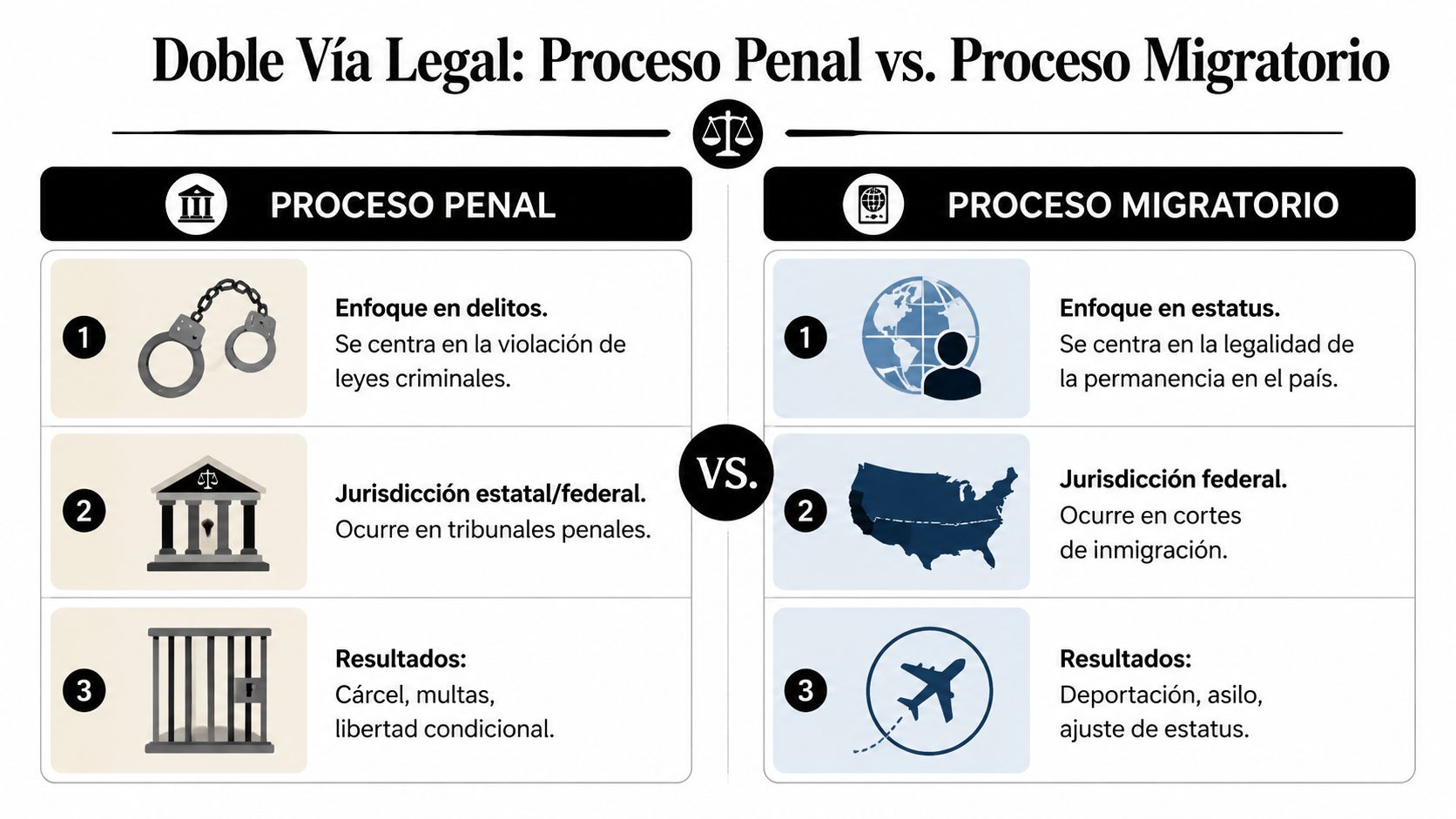 Infografía comparativa entre el proceso penal y el proceso migratorio para entender las diferencias legales fundamentales.