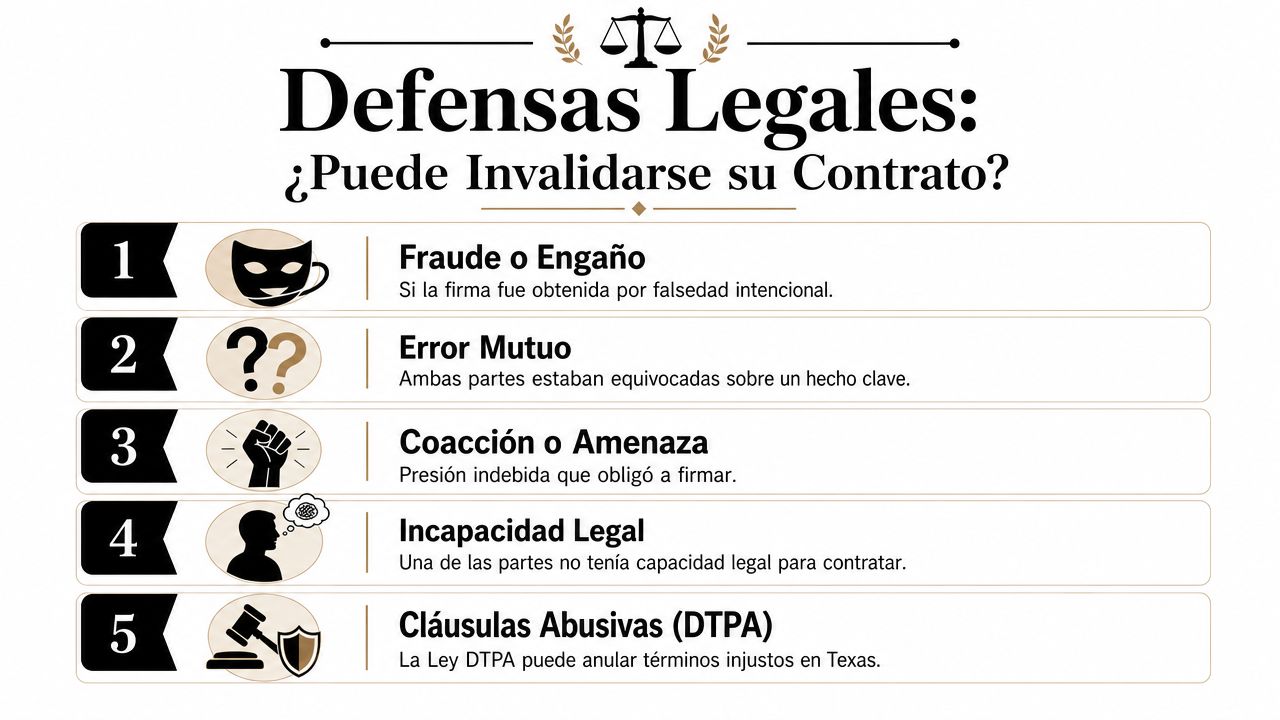 Una infografía informativa titulada Defensas Legales que explica cinco razones por las que un contrato puede invalidarse.