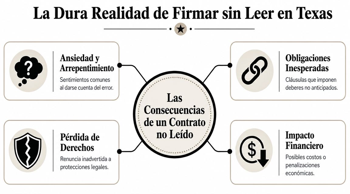 Infografía sobre las graves consecuencias legales y financieras de firmar contratos sin leerlos en Texas.