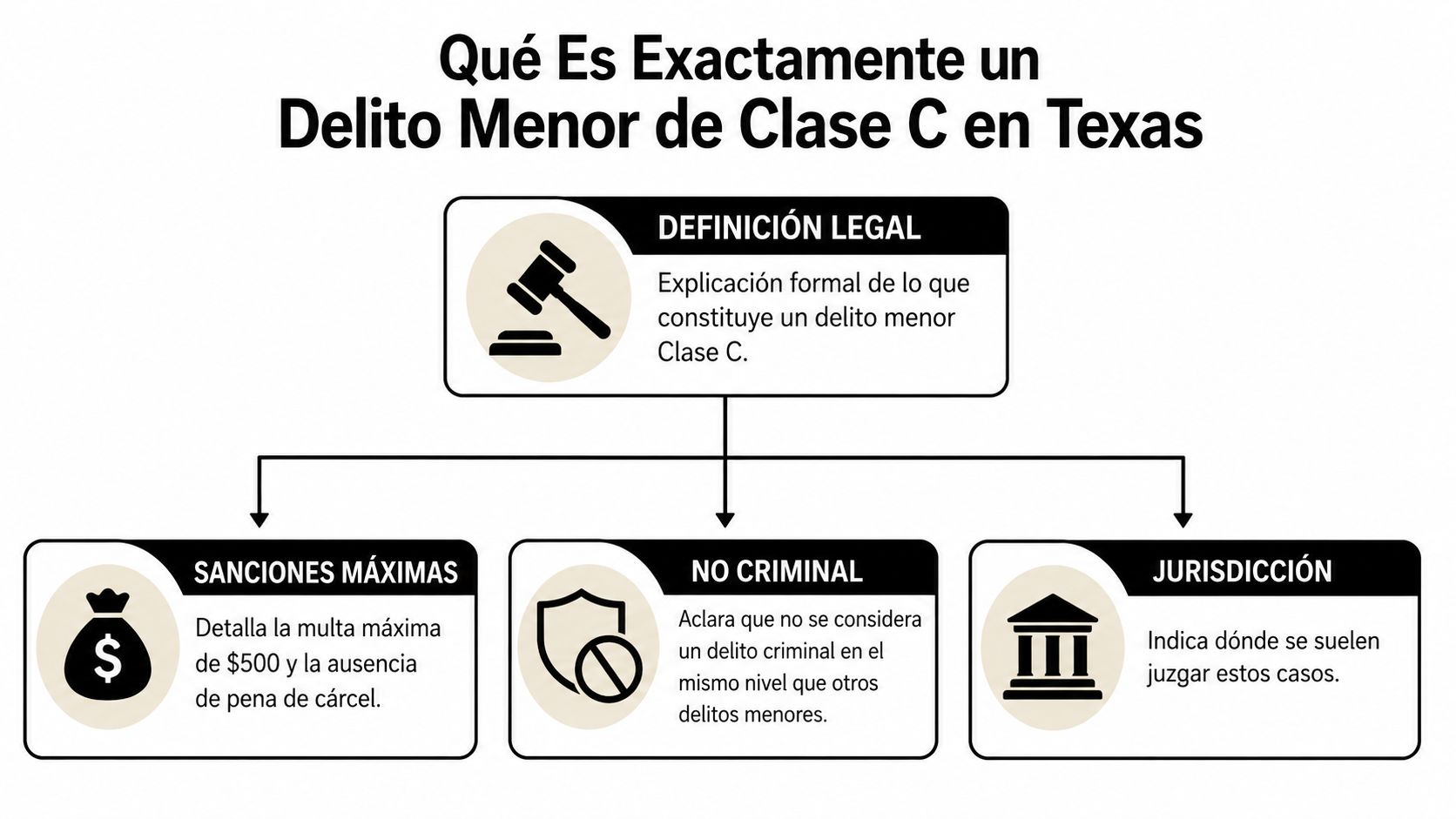 Infografía sobre qué es un delito menor de Clase C en Texas, detallando sanciones y jurisdicción.