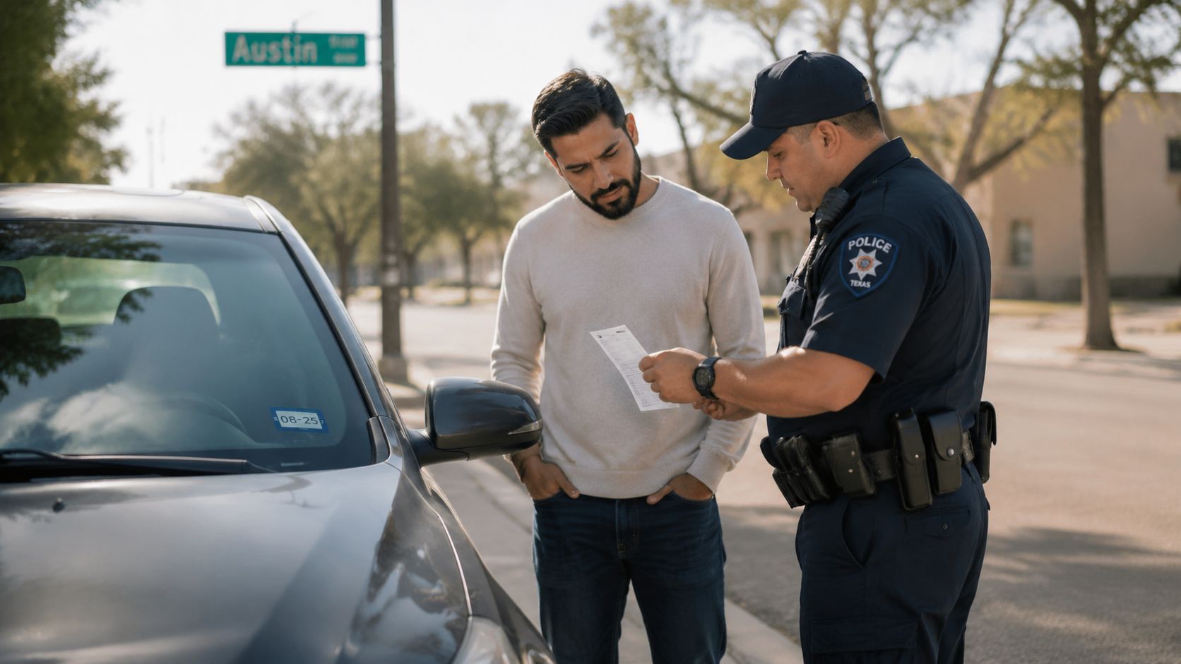 Un oficial de policía de Texas entrega una multa a un conductor junto a su automóvil estacionado.