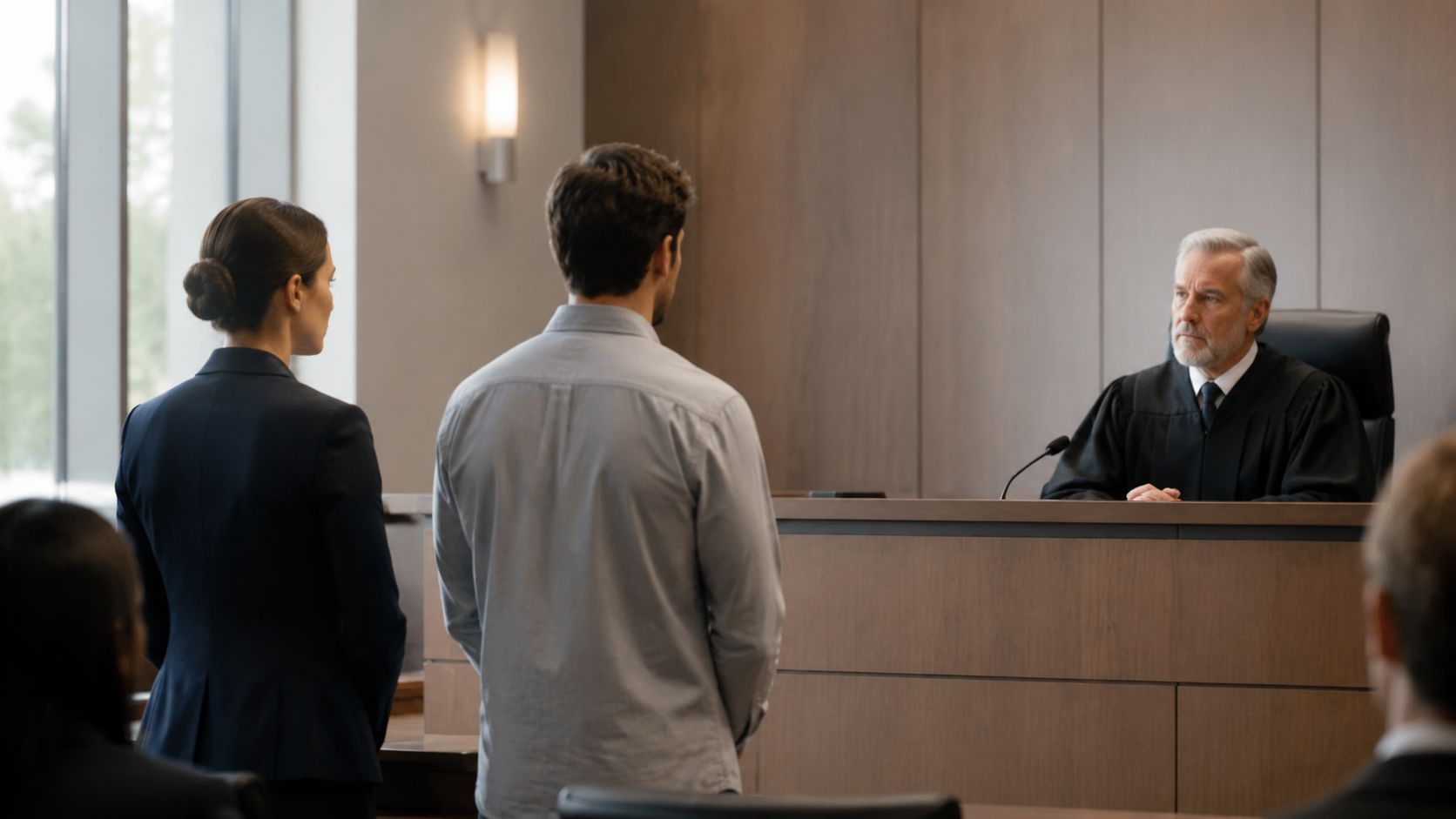 Un hombre y su abogada de pie ante un juez en una sala de tribunal en Texas.