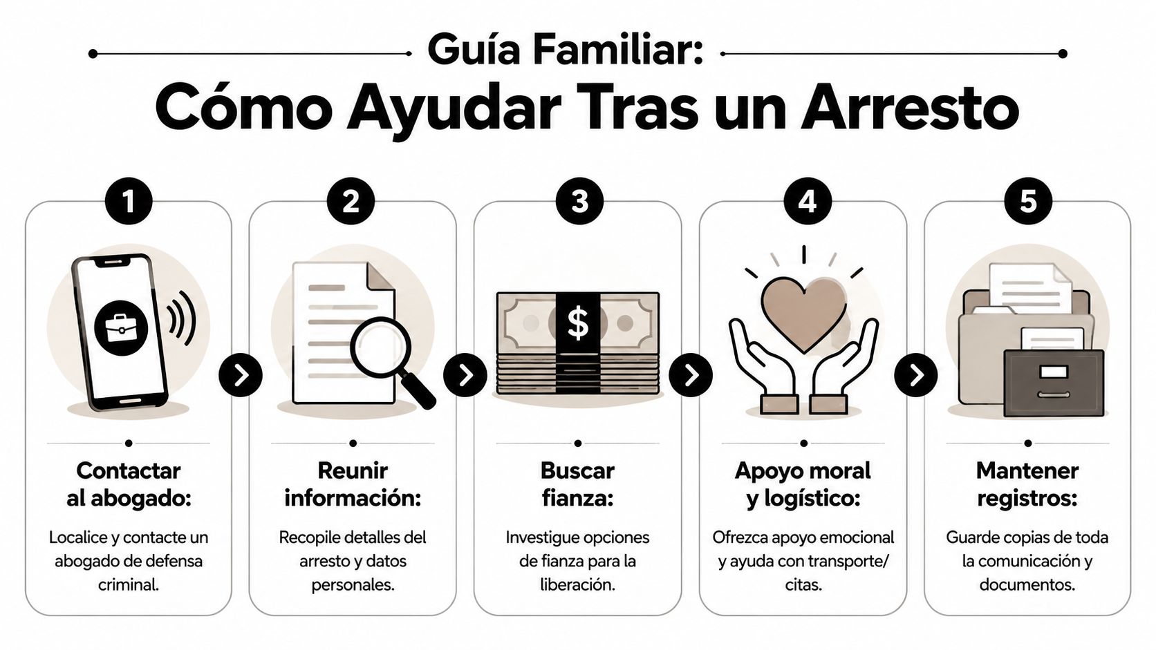 Infografía con cinco pasos esenciales que los familiares deben seguir para ayudar a alguien tras un arresto.