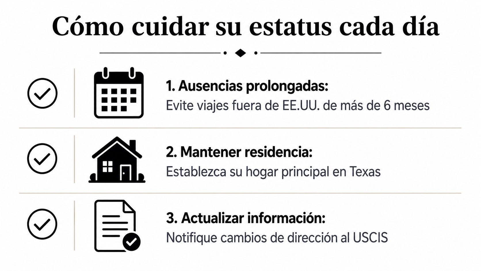 Infografía sobre cómo cuidar el estatus de residencia permanente evitando ausencias largas, manteniendo la residencia y actualizando información.