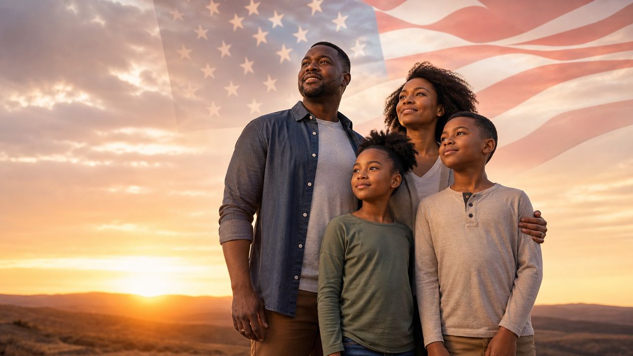 Una familia afroamericana mira hacia el futuro con una bandera de Estados Unidos de fondo al atardecer.