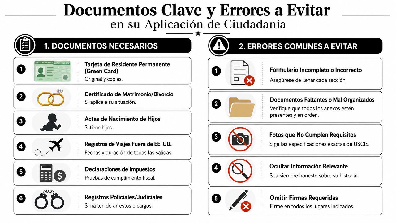 Infografía sobre documentos necesarios y errores comunes al solicitar la ciudadanía americana, diseñada para facilitar el proceso.