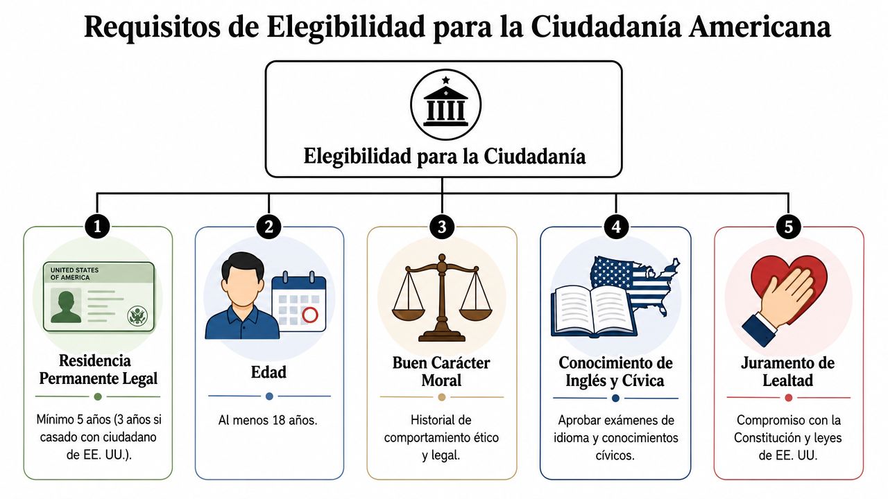 Infografía sobre los cinco requisitos fundamentales para obtener la ciudadanía americana de forma legal.