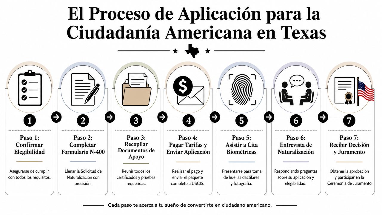 Infografía que detalla los siete pasos necesarios para solicitar la ciudadanía americana en Texas de forma clara.
