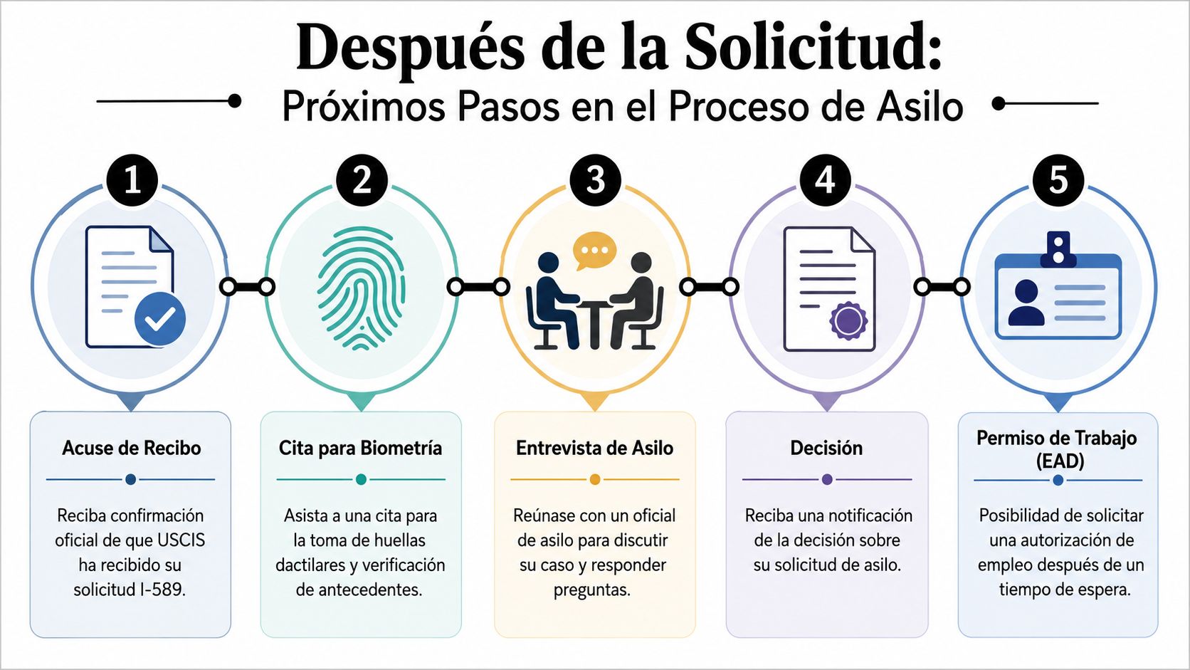 Infografía que muestra los cinco pasos del proceso de solicitud de asilo político ante USCIS.