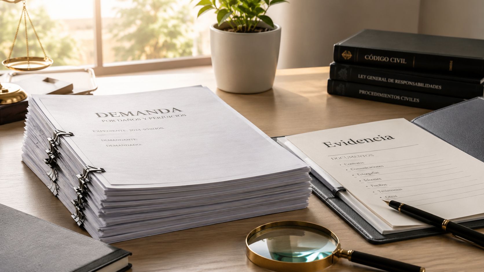 Documentos legales con una demanda por daños y perjuicios sobre un escritorio de oficina con elementos jurídicos.