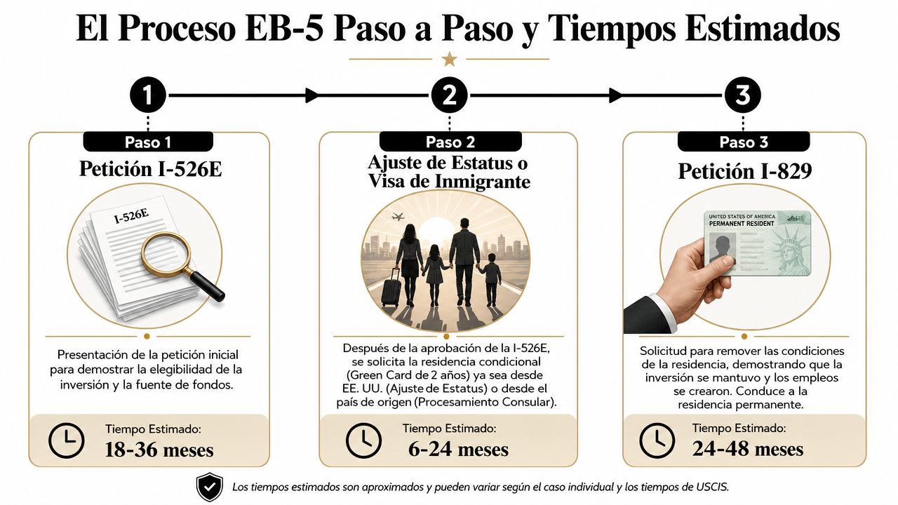 Infografía paso a paso que explica el proceso de solicitud de la visa de inversionista EB-5 americana.