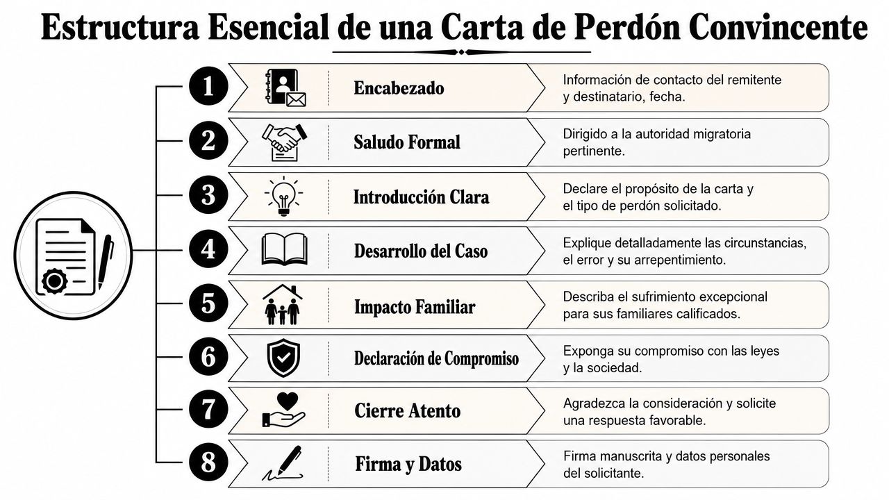 Infografía detallando la estructura esencial de una carta de perdón para procesos de inmigración.