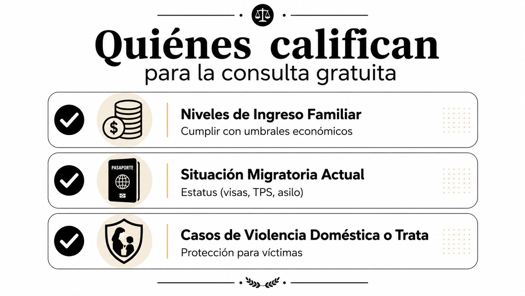 Infografía que muestra los requisitos para obtener una consulta legal gratuita sobre temas de inmigración.