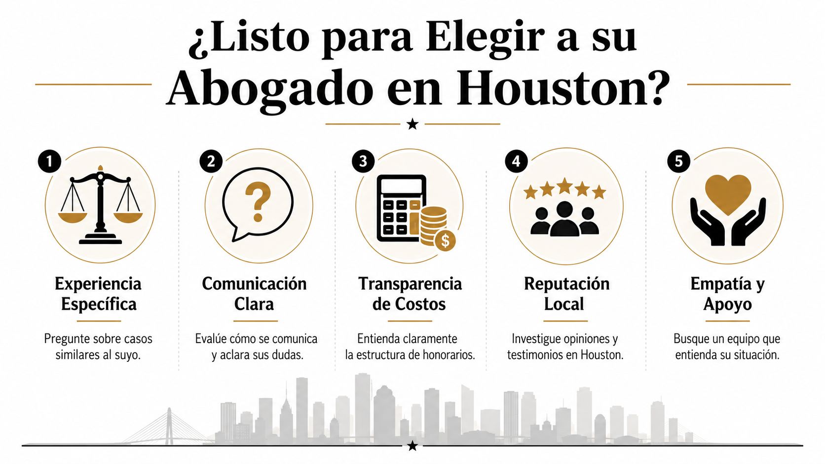 Infografía sobre los cinco consejos principales para elegir un abogado en Houston, Texas de manera correcta.