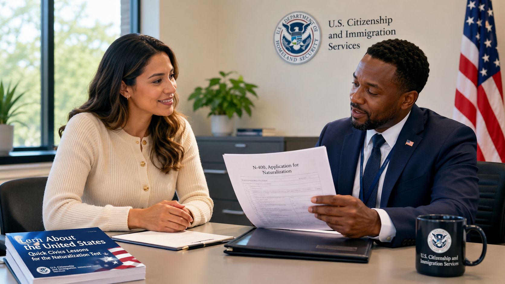 Una oficial de inmigración revisa una solicitud de naturalización con una solicitante en una oficina del gobierno.