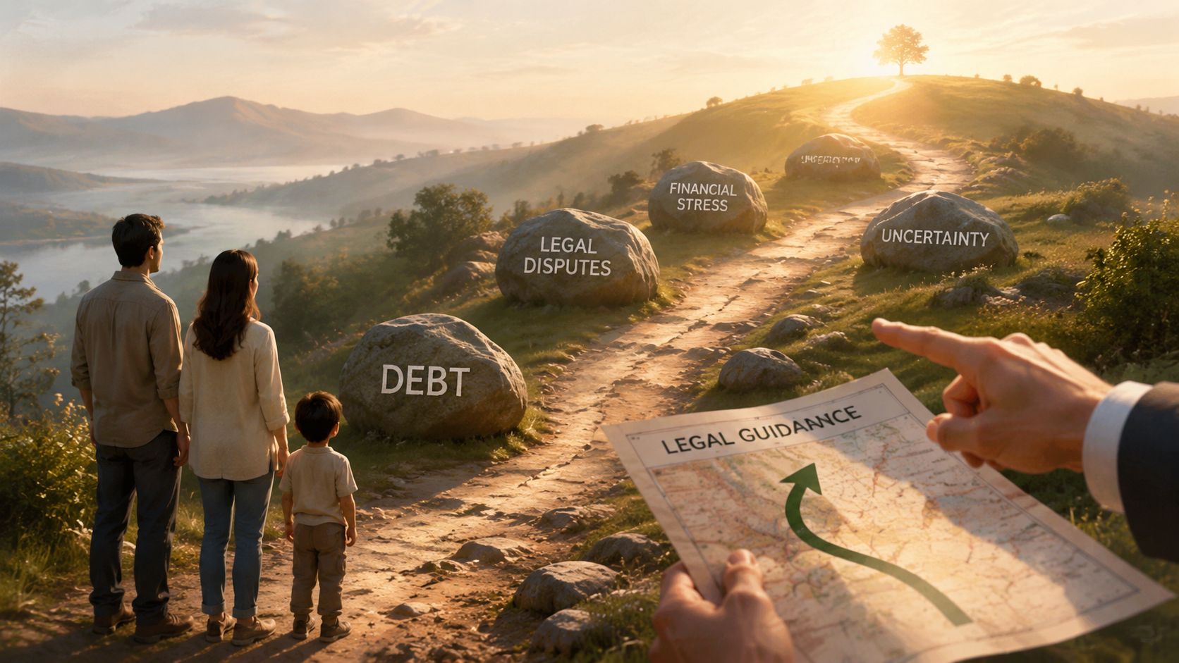 Una familia frente a obstáculos en el camino recibiendo orientación legal para alcanzar su futuro ideal.