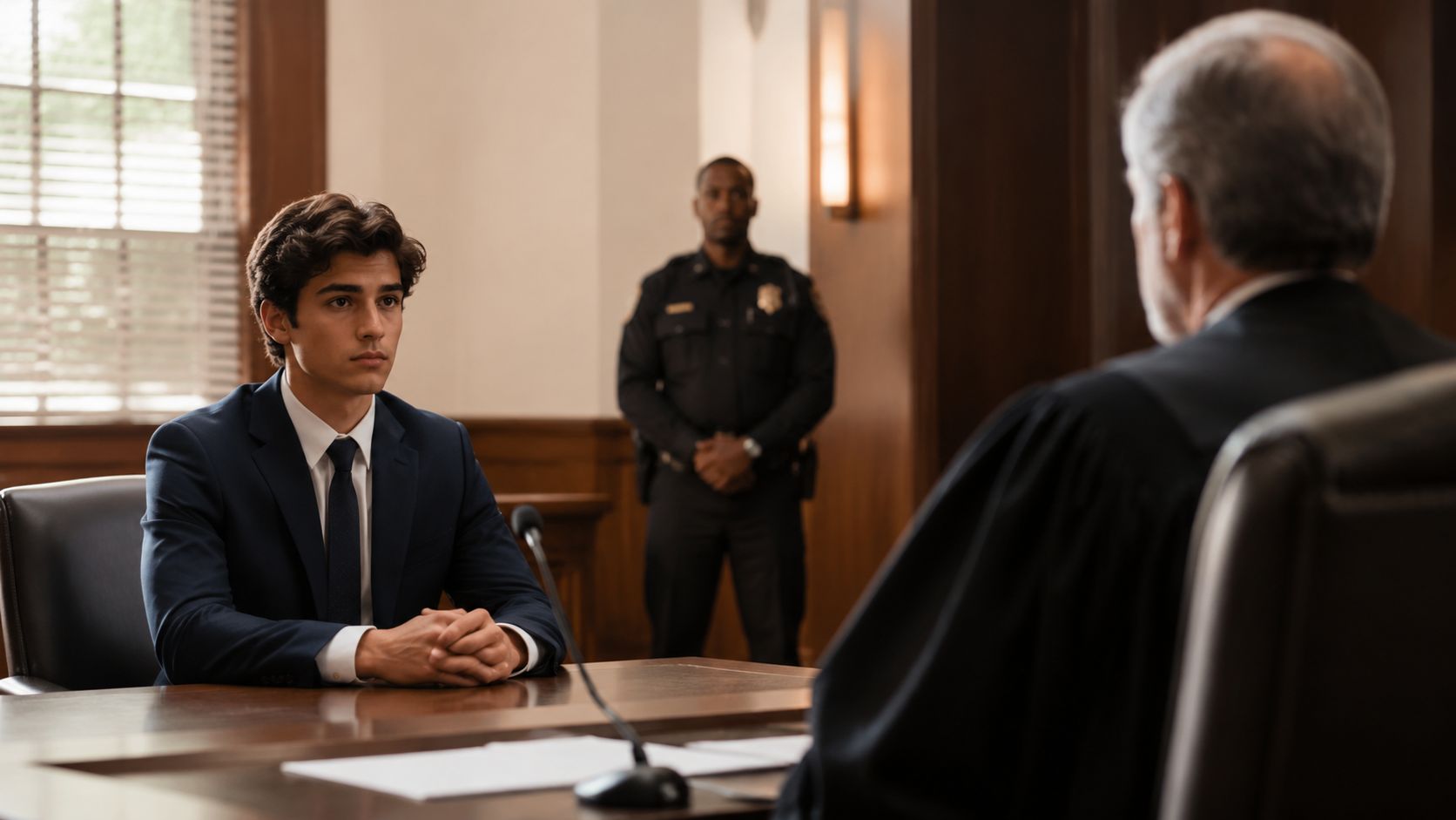 Un hombre joven con traje se sienta frente a un juez en una sala de tribunal legal.