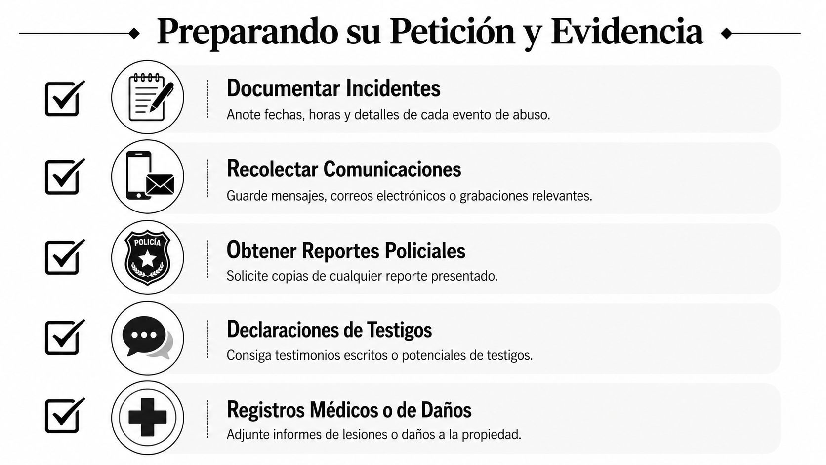 Lista de verificación para preparar peticiones legales y evidencia en casos de abuso doméstico.