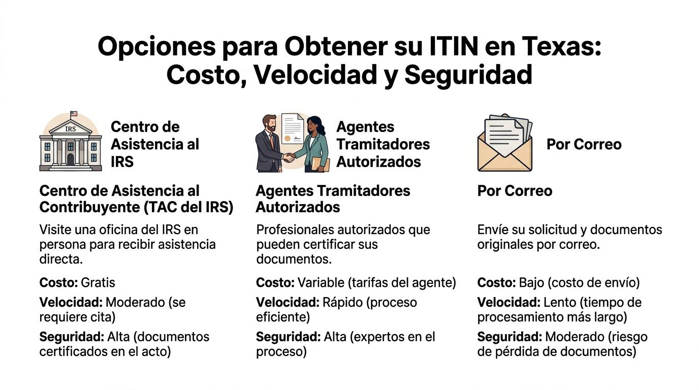 Infografía comparativa sobre las tres opciones disponibles para solicitar un número ITIN en Texas de forma segura.