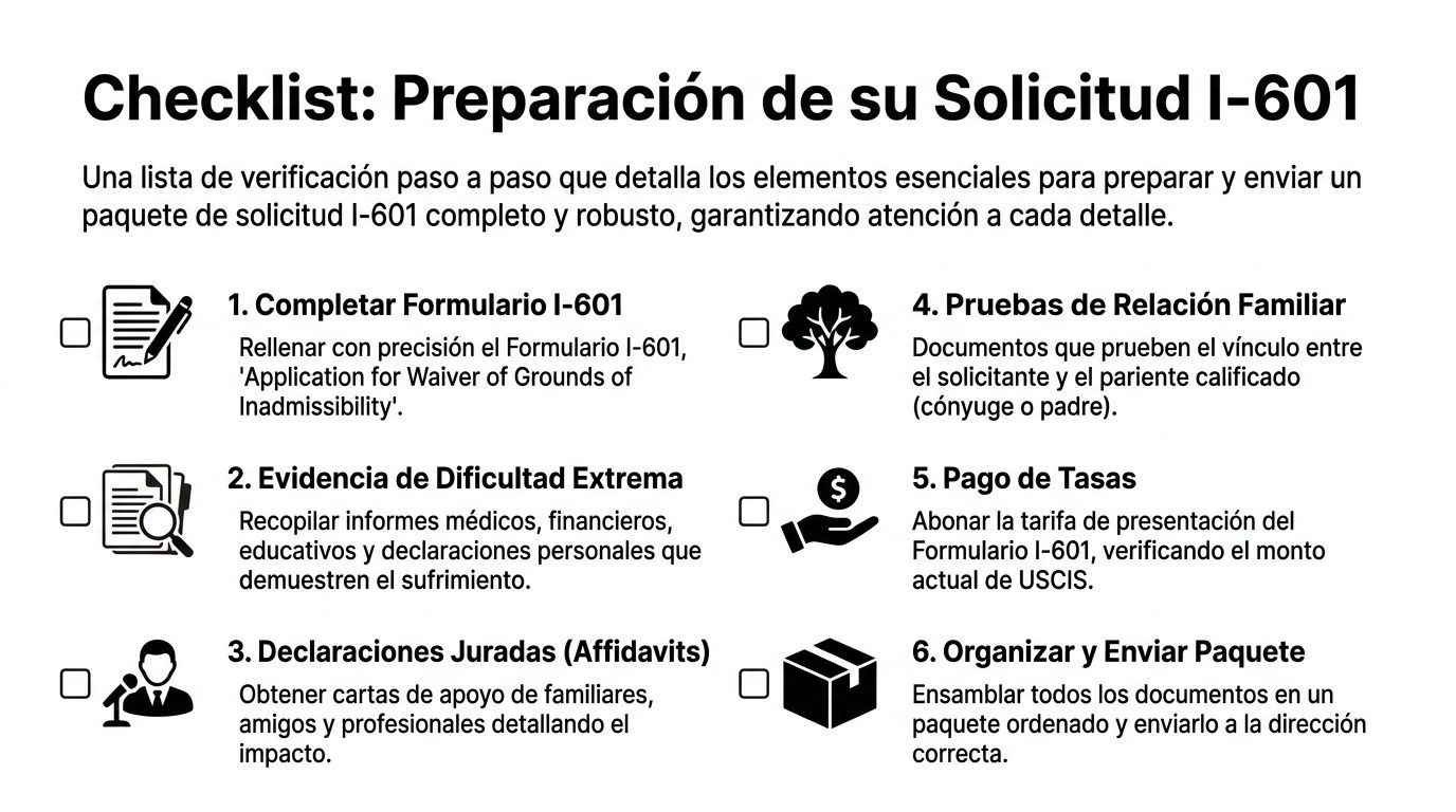 Lista de verificación para la preparación y el envío del formulario de solicitud I-601 de USCIS.