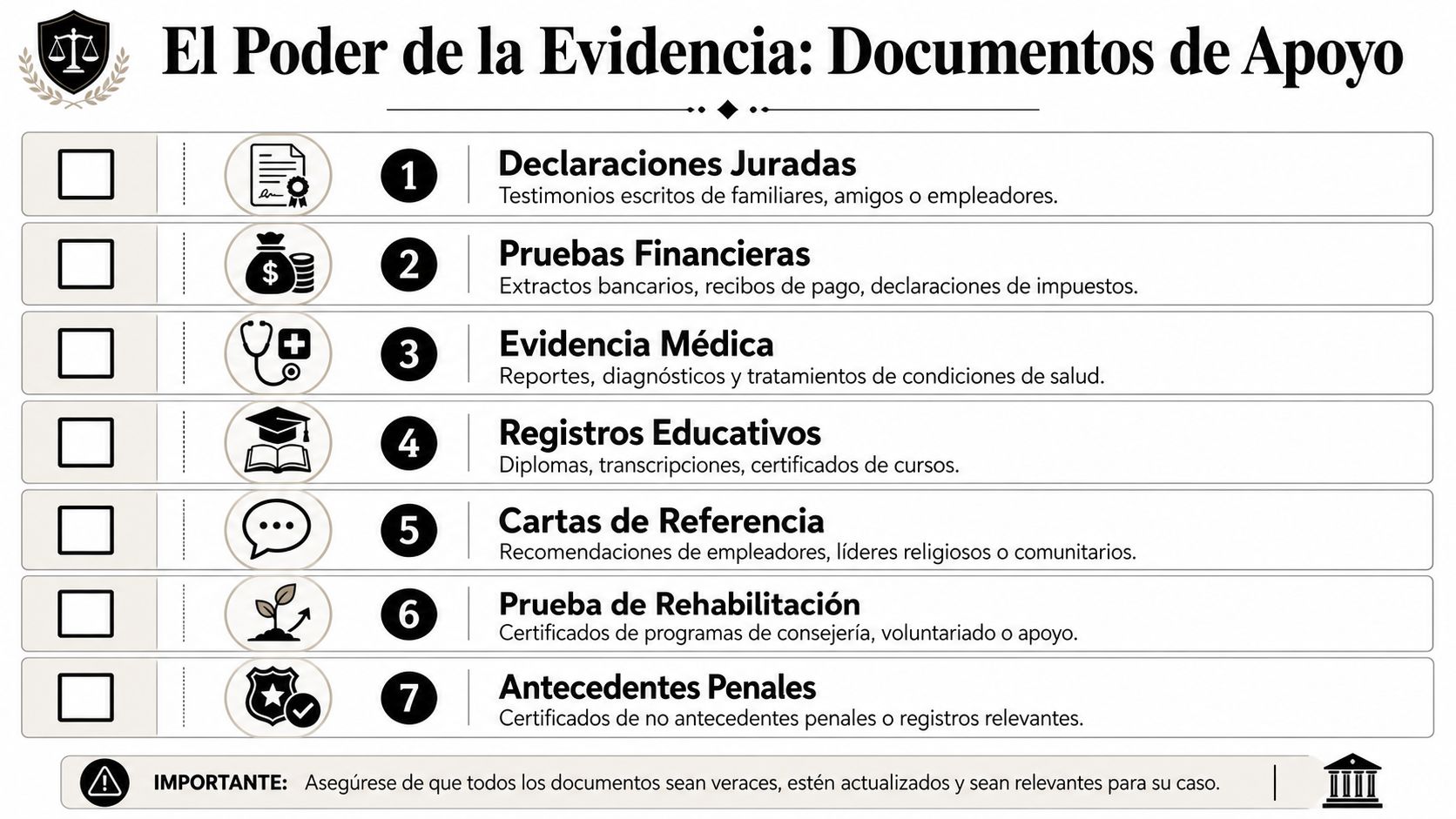 Lista de documentos de apoyo legal para fortalecer una solicitud o caso de inmigración importante.