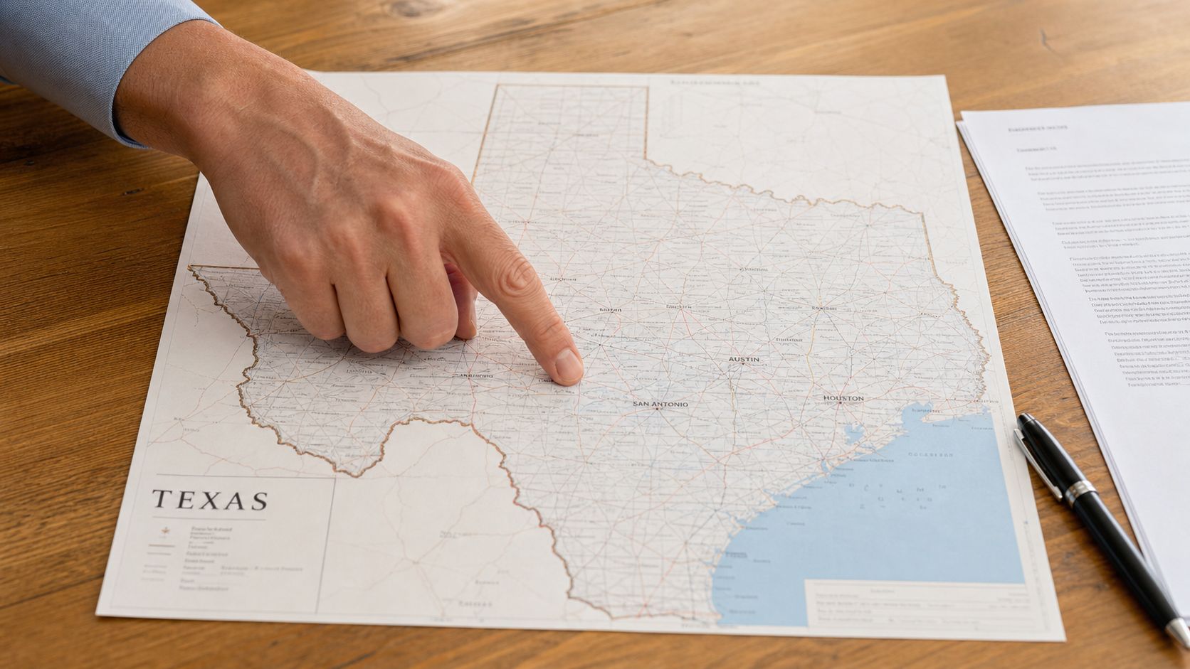 Una mano señala el mapa de Texas colocado sobre una mesa de madera con un documento oficial.
