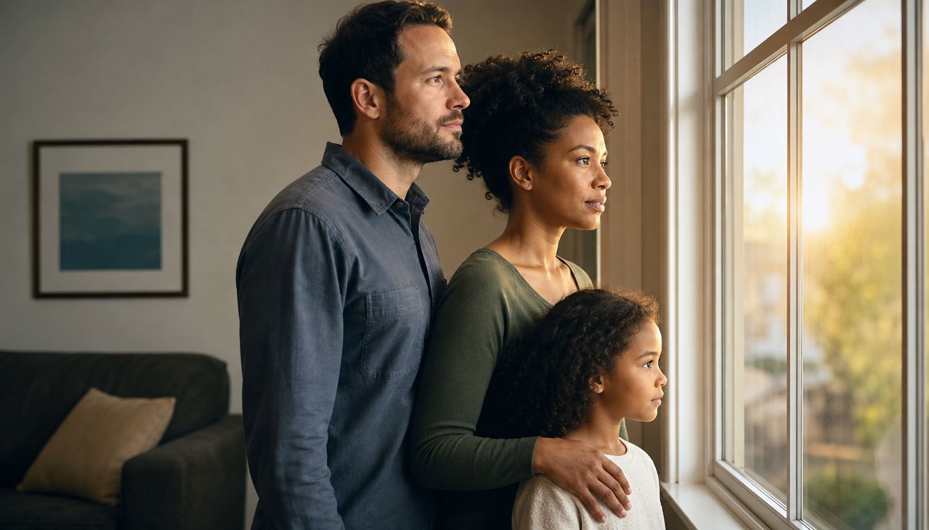 Una familia diversa mirando esperanzada por una ventana durante el atardecer, reflejando unión y nuevos comienzos familiares.