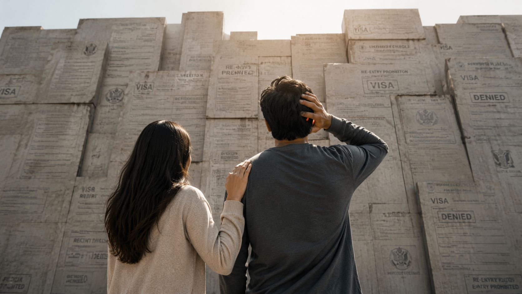 Una pareja observa preocupada una pared de piedra llena de documentos de visas denegadas y trámites migratorios.