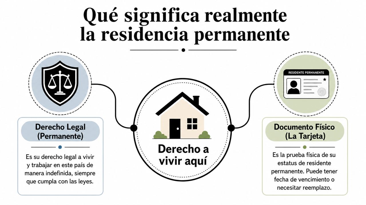 Infografía explicando el significado de la residencia permanente como derecho legal y documento físico.