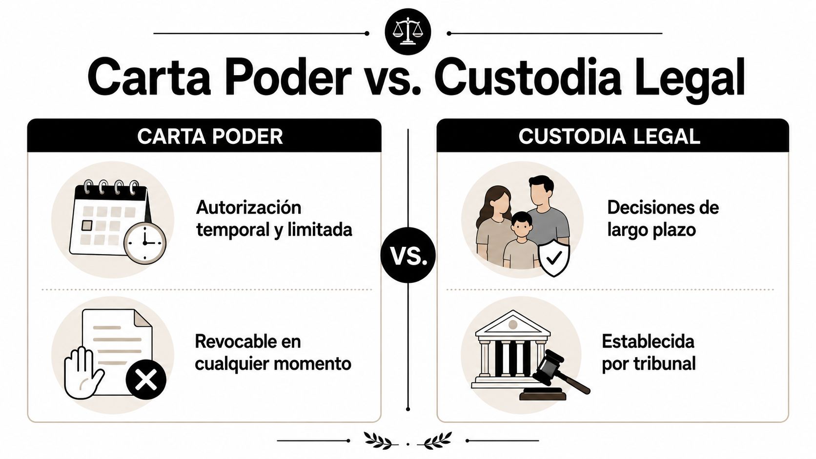 Comparativa gráfica entre carta poder y custodia legal para la toma de decisiones en menores.