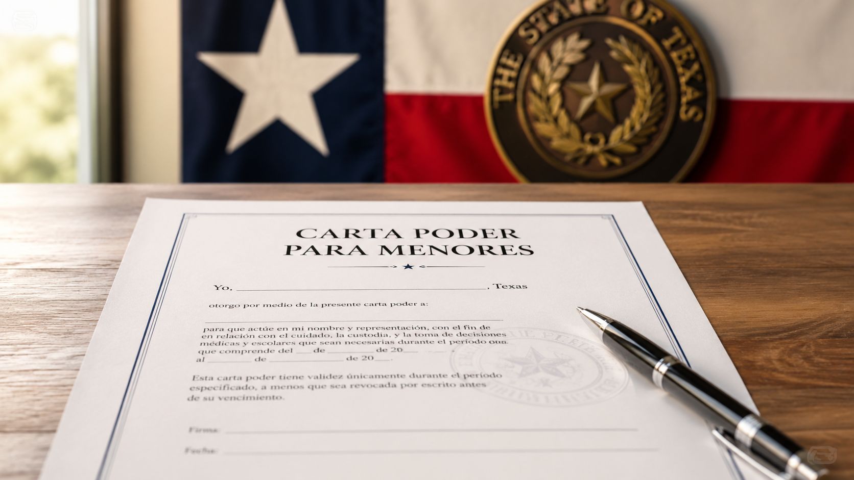 Documento de carta poder para menores en Texas con una pluma sobre una mesa de madera.