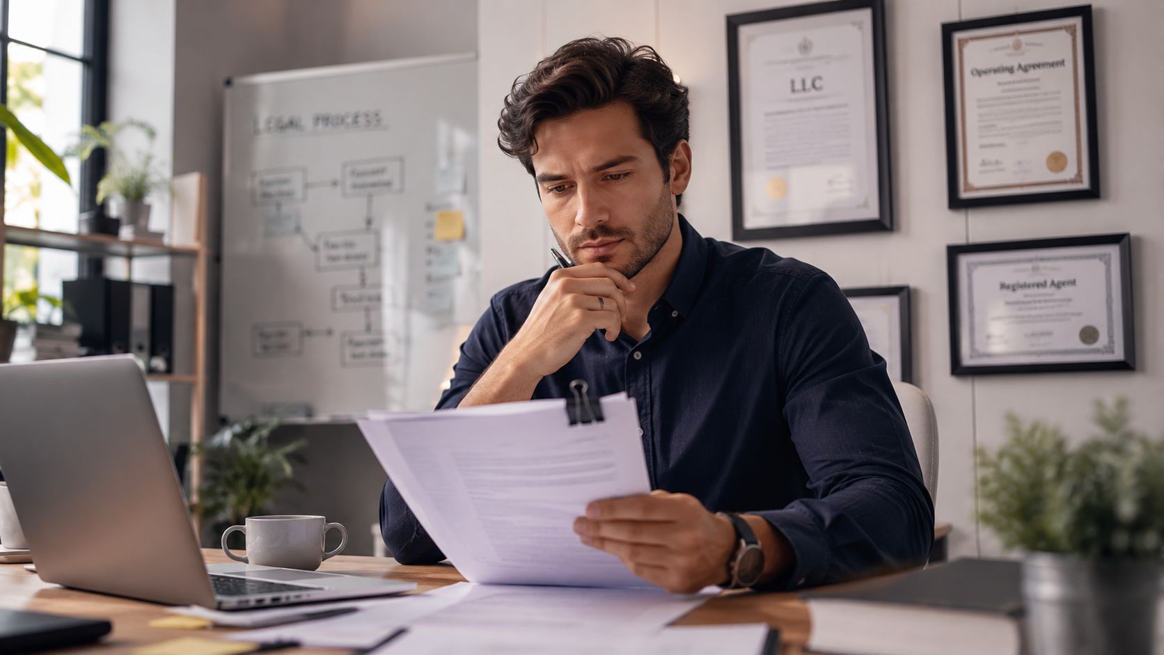 Un profesional concentrado revisa documentos legales en su oficina moderna con un portátil y certificados de negocios.