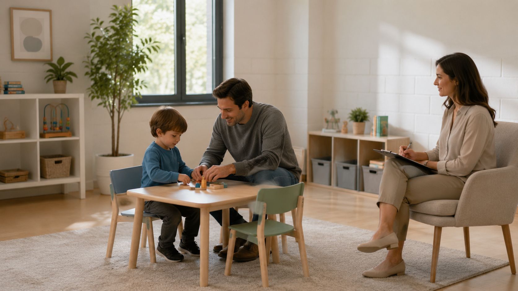 Un padre jugando con su hijo en una sesión de terapia familiar bajo supervisión profesional.