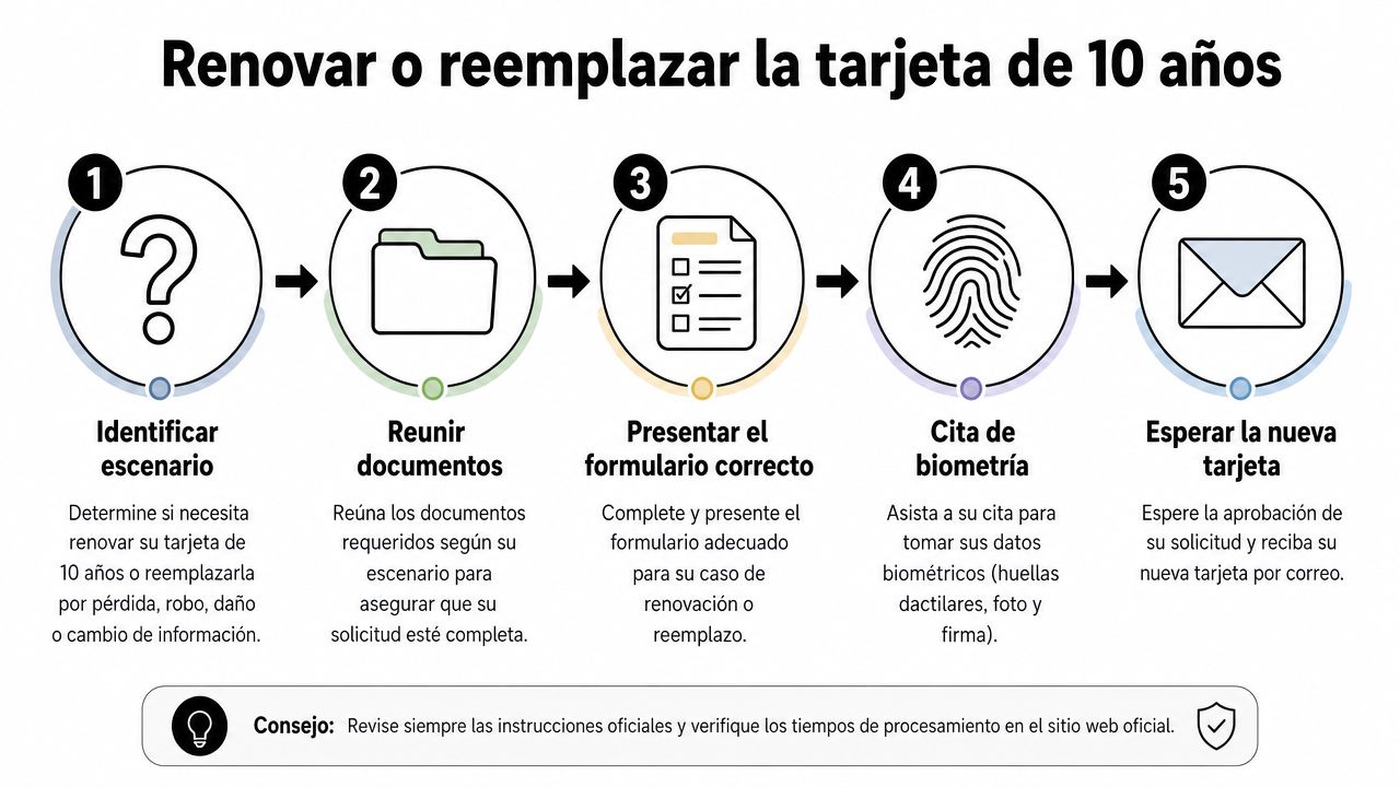 Infografía paso a paso sobre el proceso para renovar o reemplazar una tarjeta de residencia permanente.