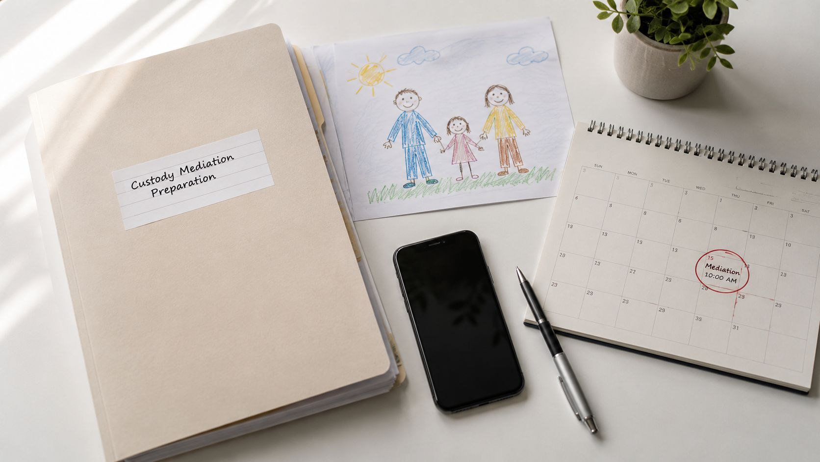 Carpeta de preparación para mediación de custodia, dibujo familiar y calendario sobre una mesa blanca.