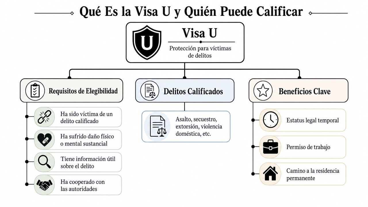 Un diagrama explicativo en español que detalla los requisitos, delitos y beneficios de la Visa U estadounidense.