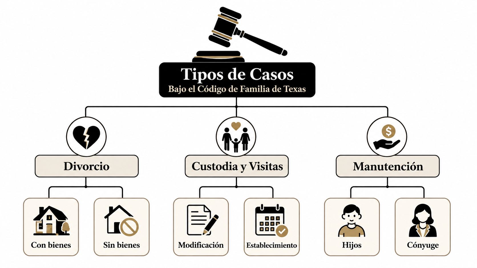 Un diagrama de flujo ilustra los tipos de casos bajo el Código de Familia de Texas.
