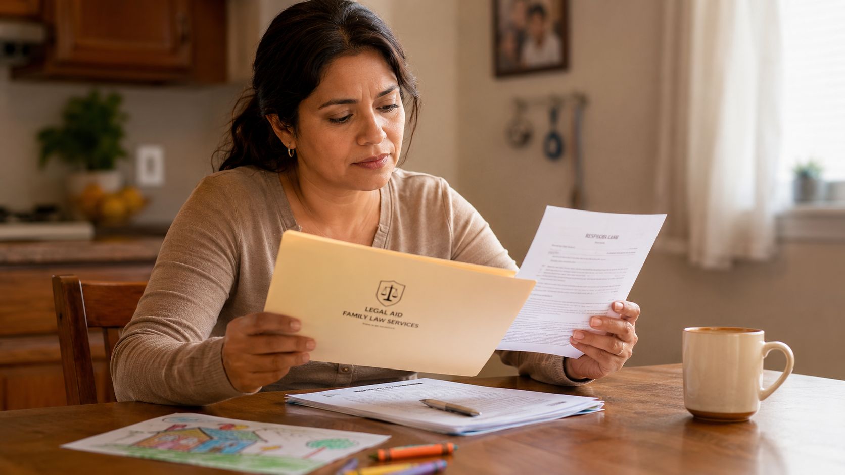 Una mujer latina seria revisando documentos legales y formularios de servicios legales en una mesa de comedor.