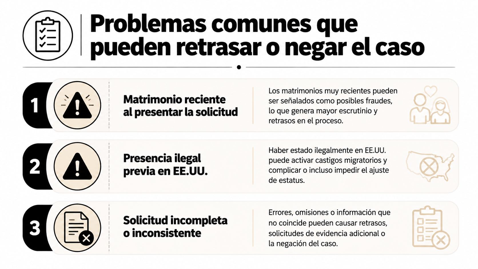 Infografía sobre los tres problemas comunes que pueden causar retrasos o la negación de una solicitud migratoria.