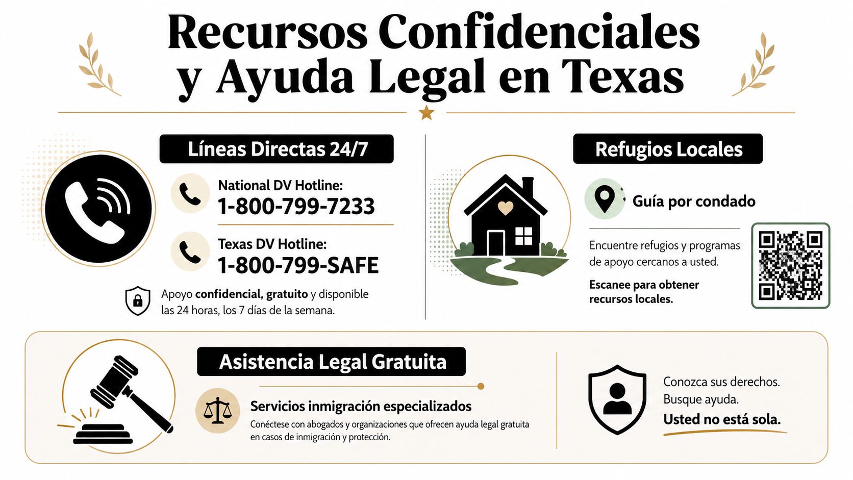 Infografía con números de ayuda, refugios locales y asistencia legal gratuita para víctimas en Texas.