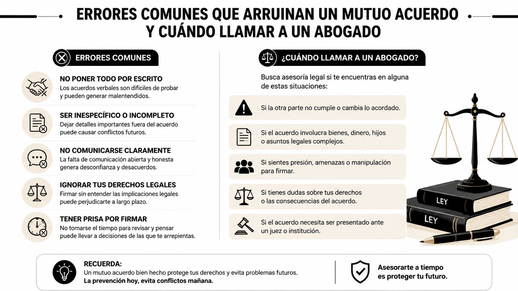Infografía sobre errores comunes en acuerdos mutuos y cuándo consultar a un abogado para protección legal.