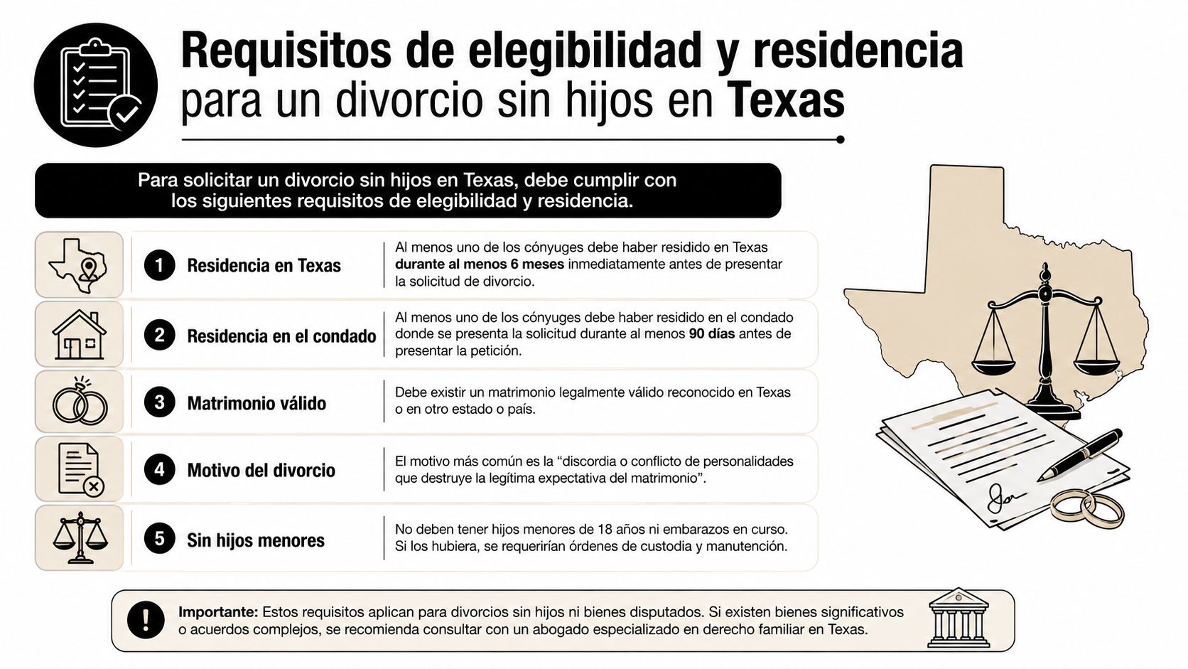 Infografía sobre los requisitos legales de elegibilidad y residencia para divorciarse sin hijos en Texas.