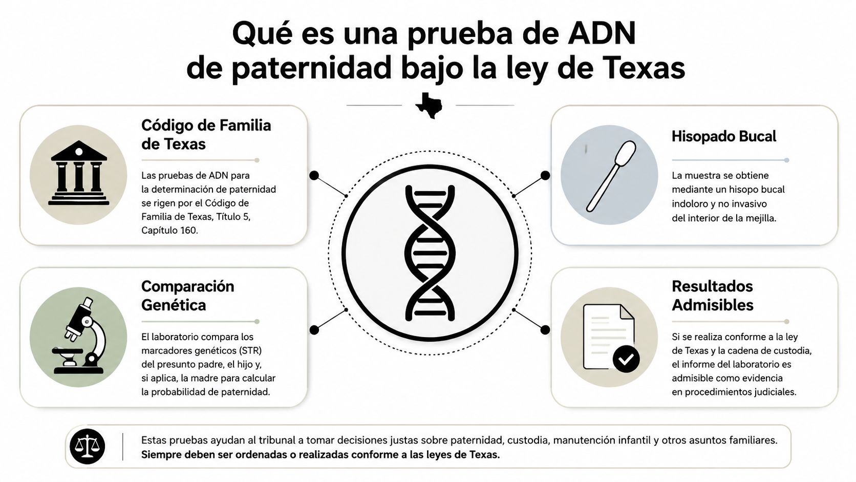 Infografía sobre el proceso y las implicaciones legales de una prueba de ADN de paternidad en Texas.