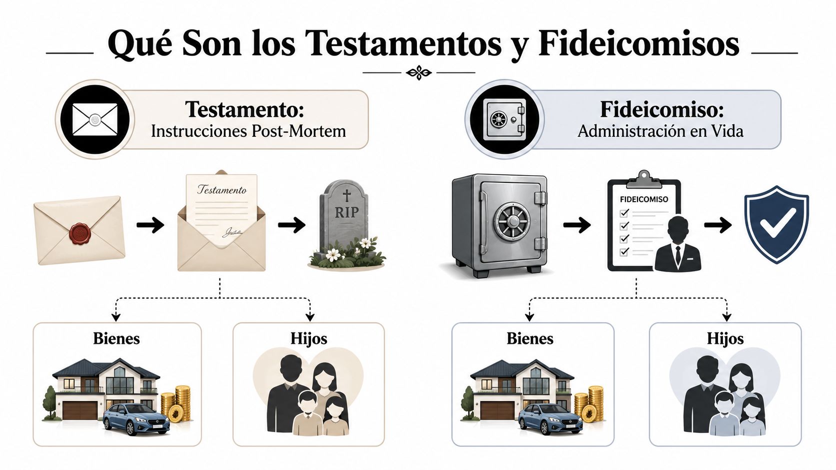 Diagrama comparativo ilustrando las diferencias entre un testamento para instrucciones post-mortem y un fideicomiso para administración.