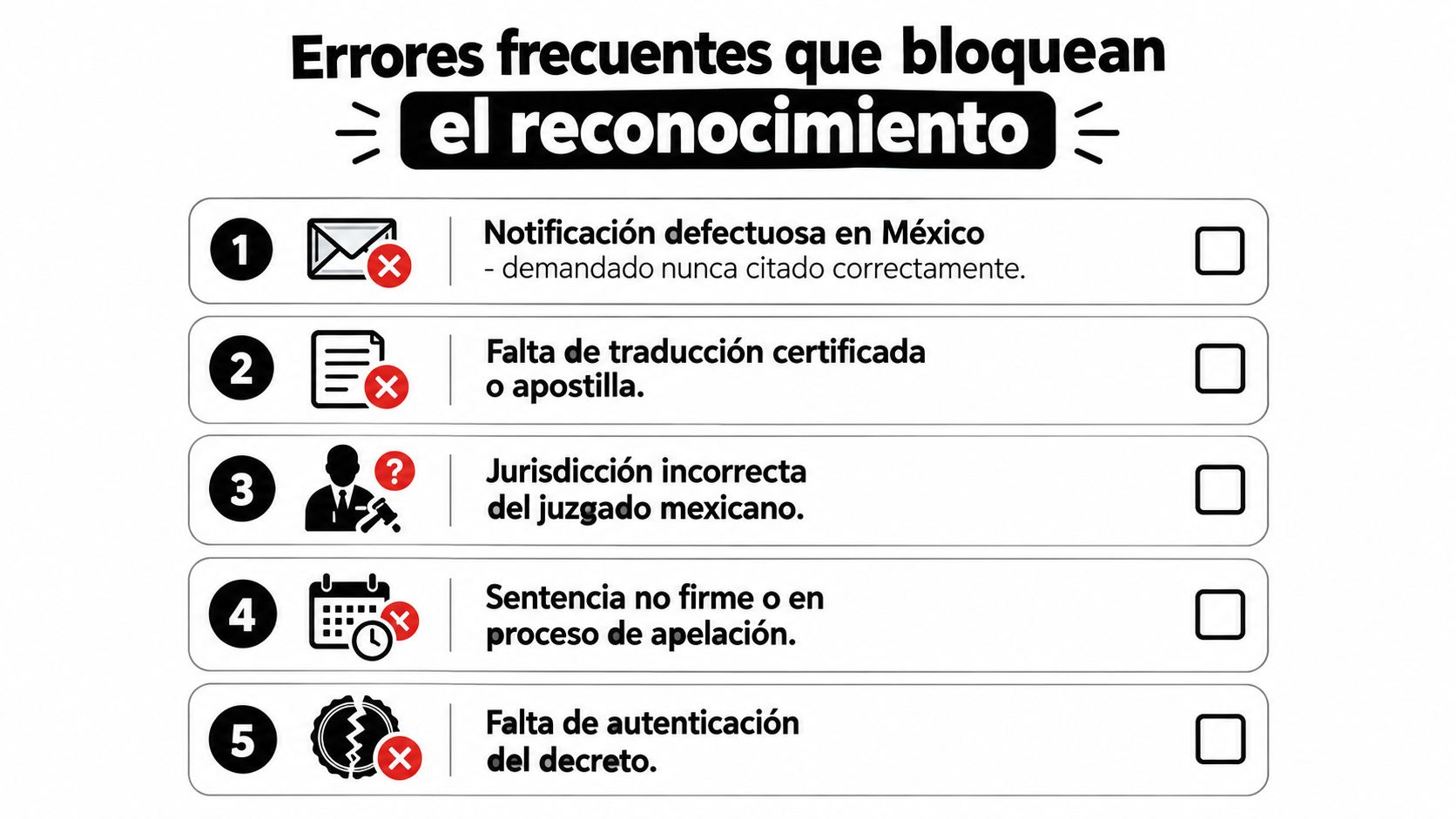 Lista de cinco errores frecuentes que bloquean el reconocimiento de sentencias judiciales extranjeras en México.