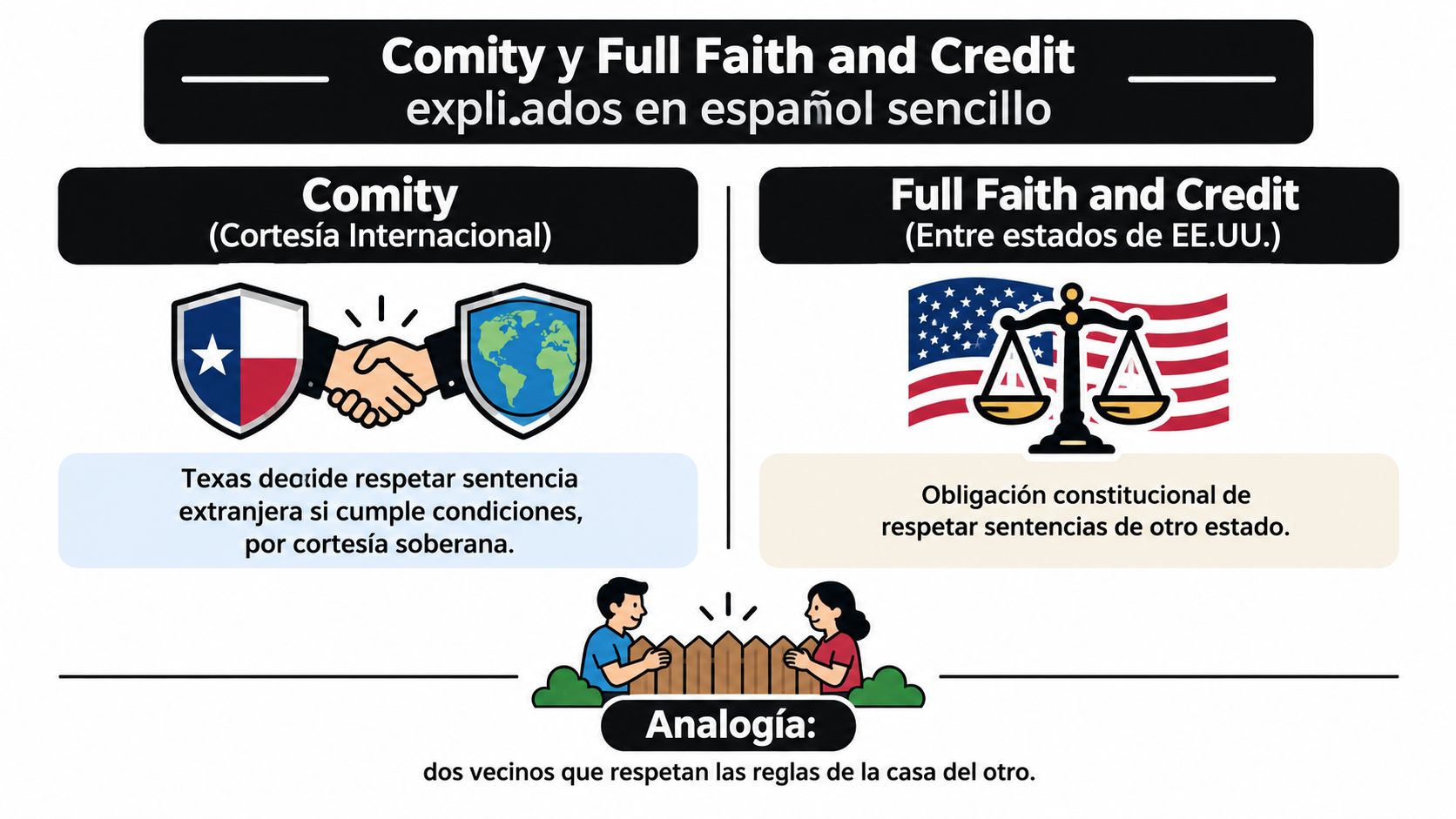 Diagrama comparativo sobre Comity y Full Faith and Credit, explicando reconocimiento de sentencias legales en español.