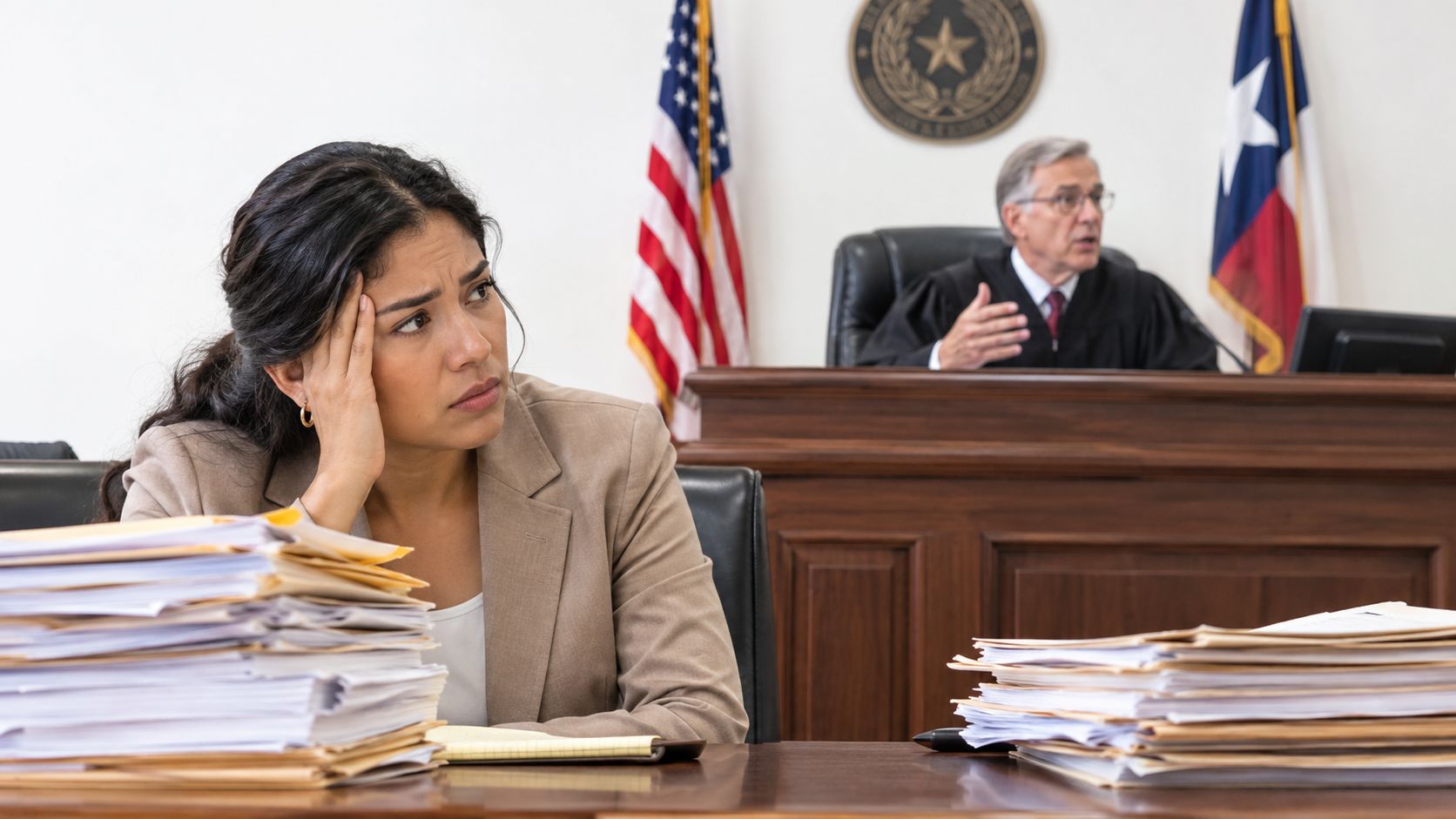 Abogada estresada frente a una pila de papeles mientras un juez habla en un tribunal de Texas.