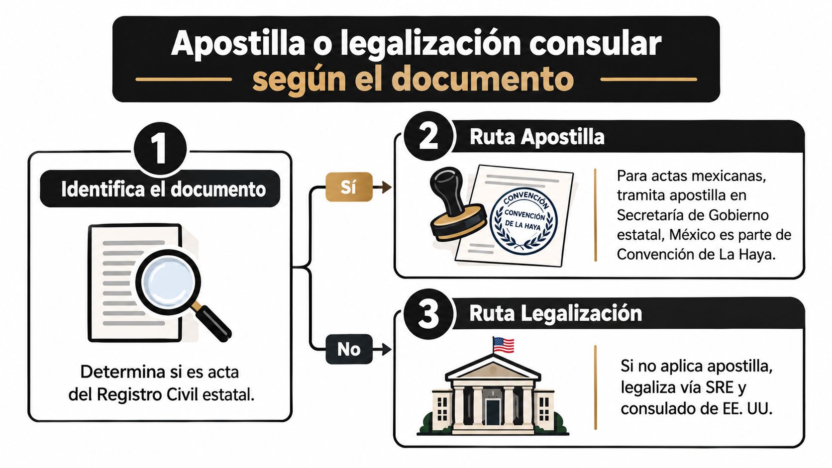 Diagrama de flujo explicando si un documento del registro civil mexicano requiere apostilla o legalización consular.
