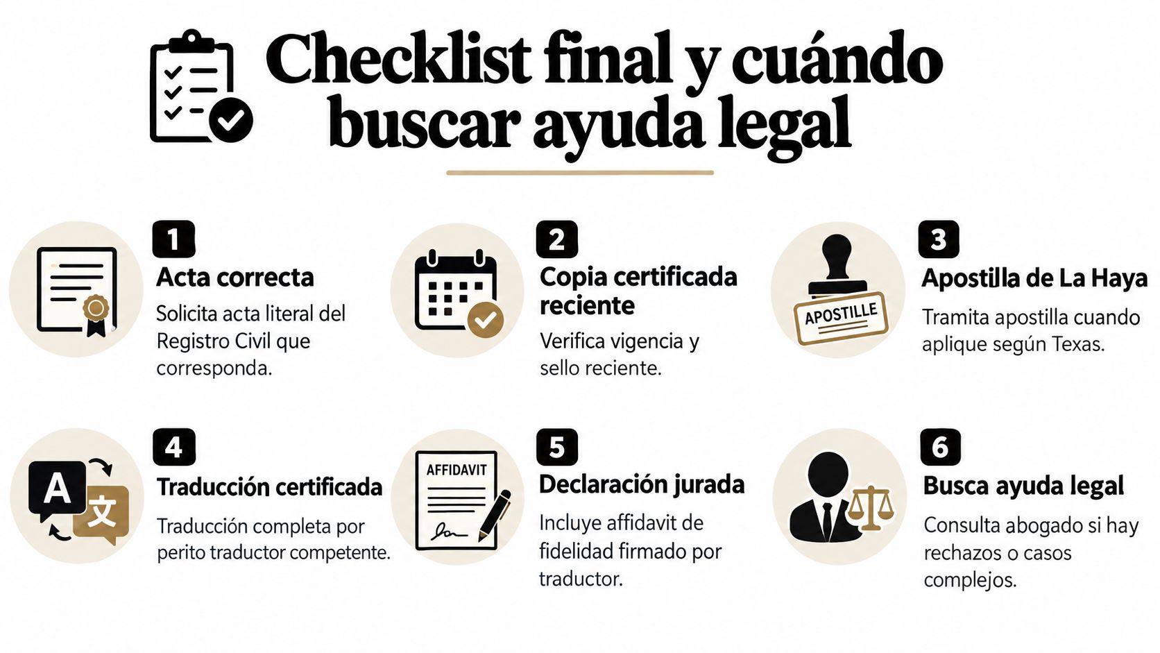Lista de verificación para documentos de registro civil mexicano requeridos en cortes de Texas.