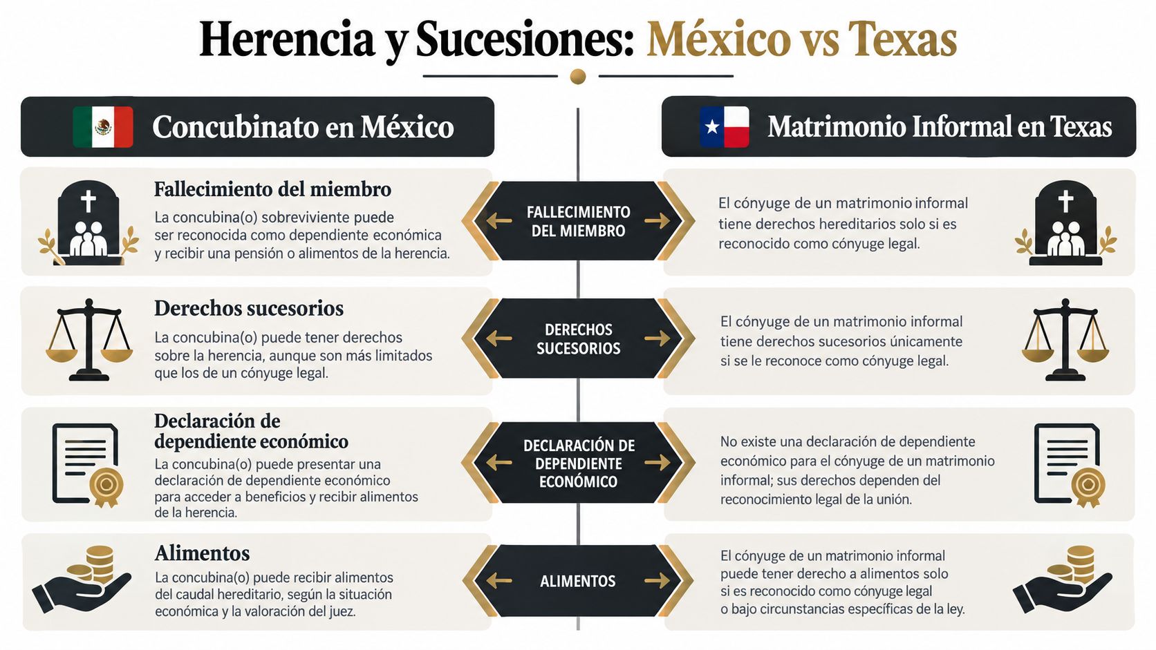 Comparativa legal entre el concubinato en México y el matrimonio informal en Texas respecto a derechos sucesorios.